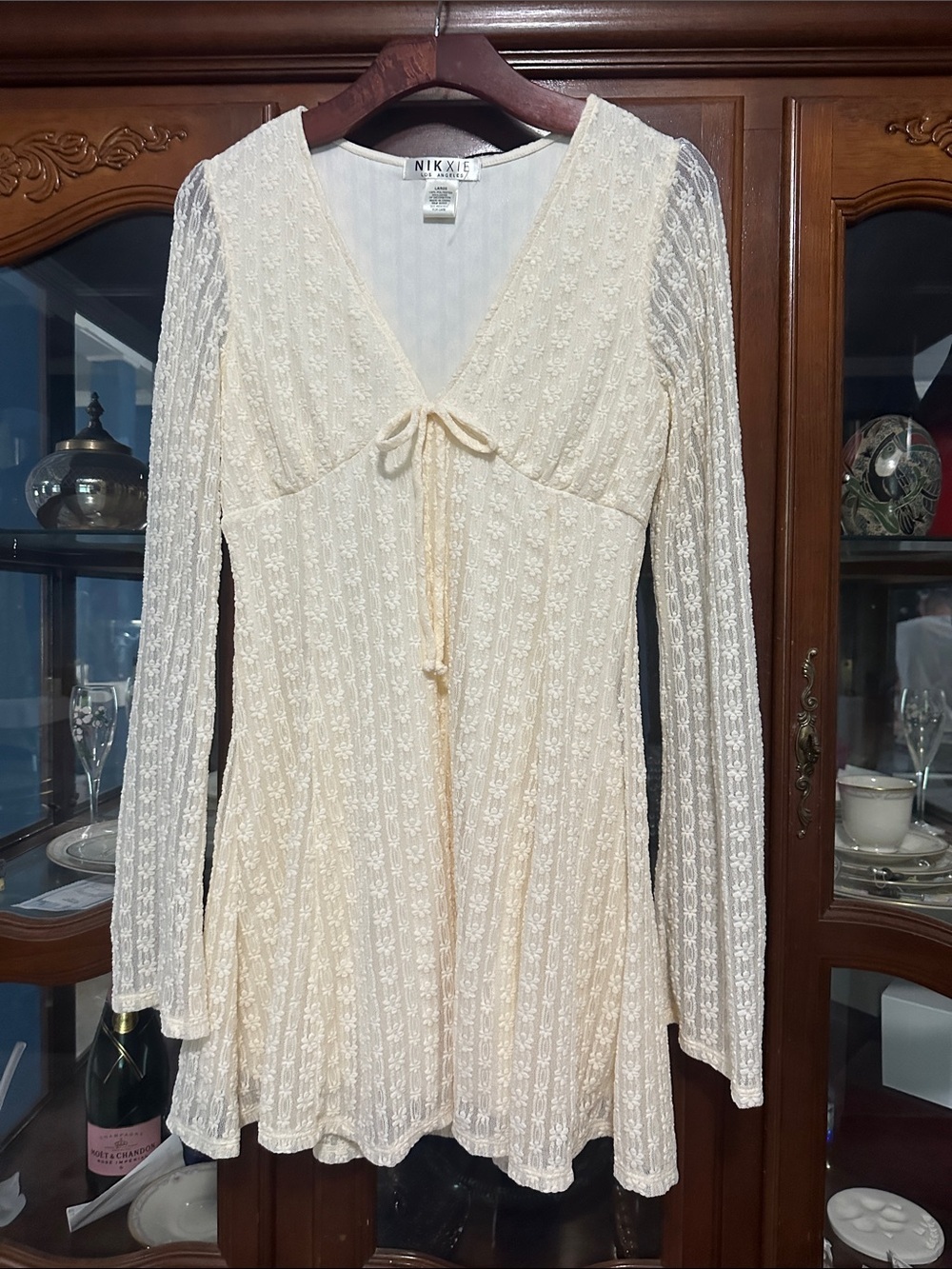 NIK XIE Cream Lace Long-Sleeve Mini Dress